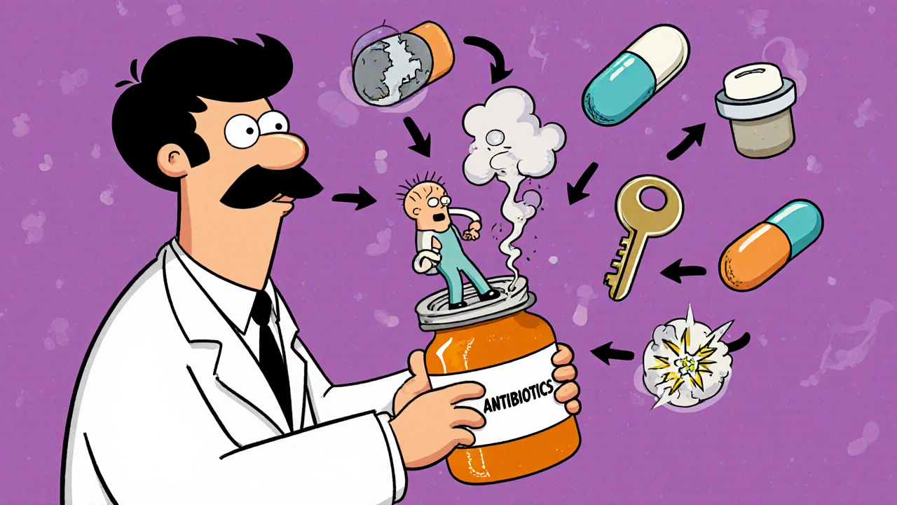 A pill bottle releasing distorted smell molecules shaped like rotten eggs and metal.