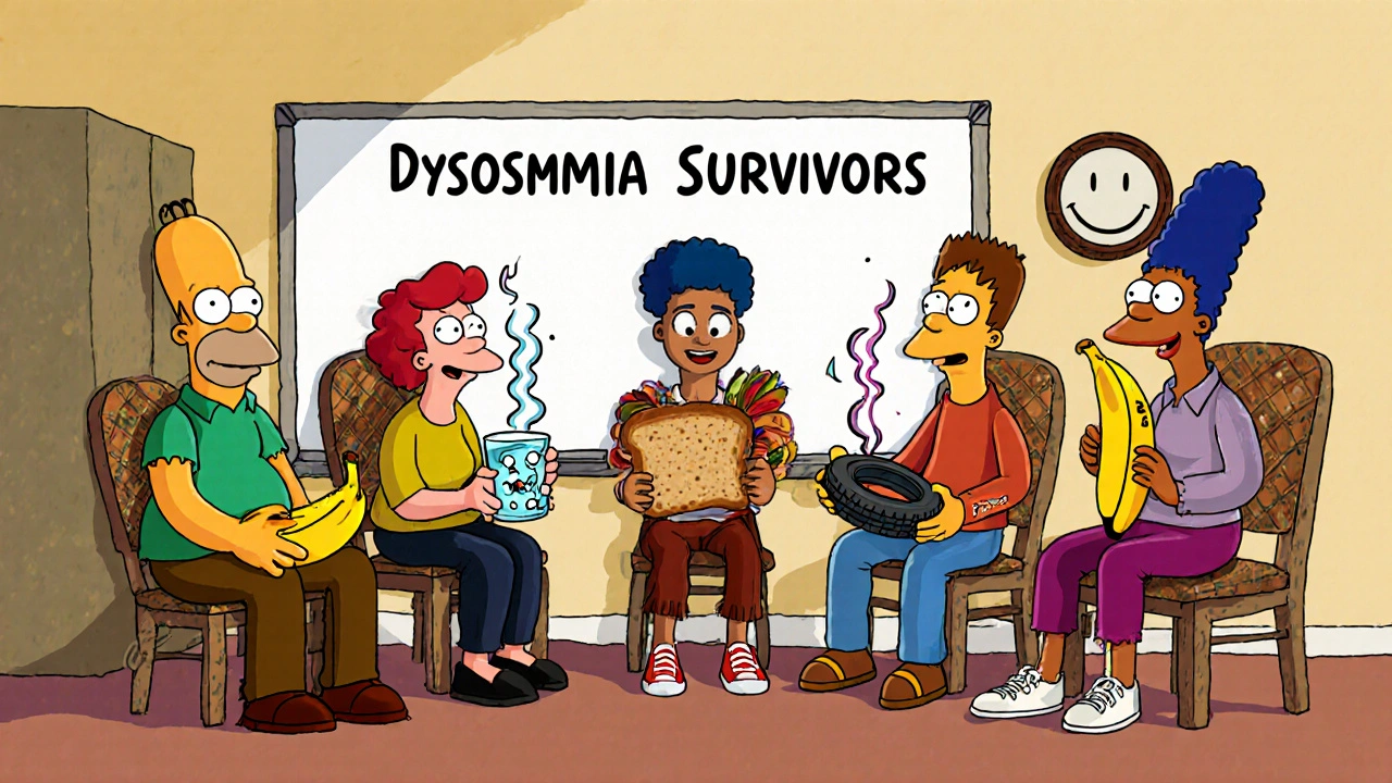 A support group of people holding food that visually appears corrupted by bad smells.