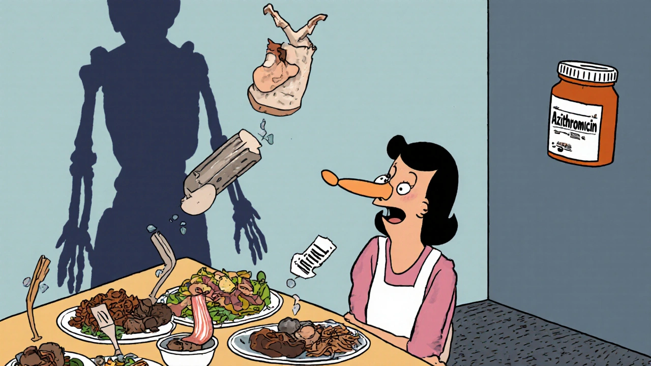 A woman surrounded by food that smells terrible, her shadow showing a broken radio nose in cartoon style.