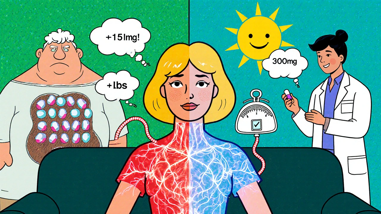 A woman with glowing nerve pathways, one side showing weight gain clouds, the other calm with a single pill, in Hanna-Barbera cartoon style.