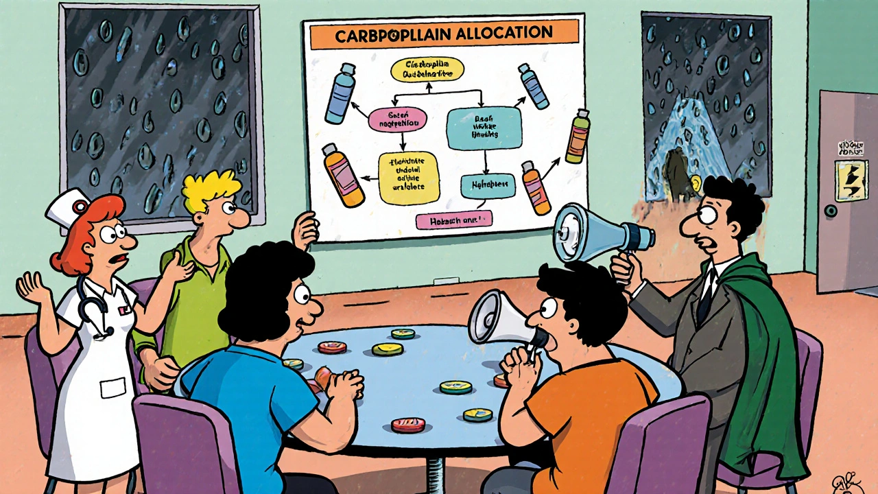 An eclectic hospital ethics committee debates allocation rules over a wobbly table with floating charts.