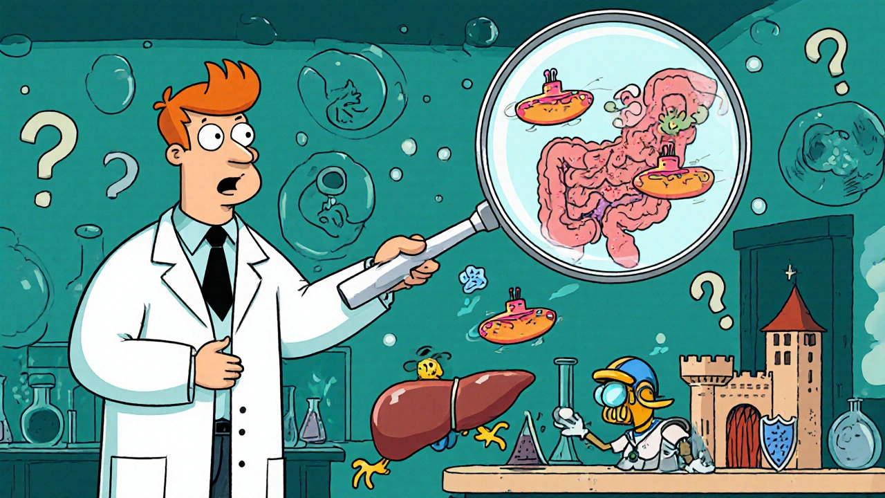 Bacteria escaping intestine toward organs in whimsical medical cartoon