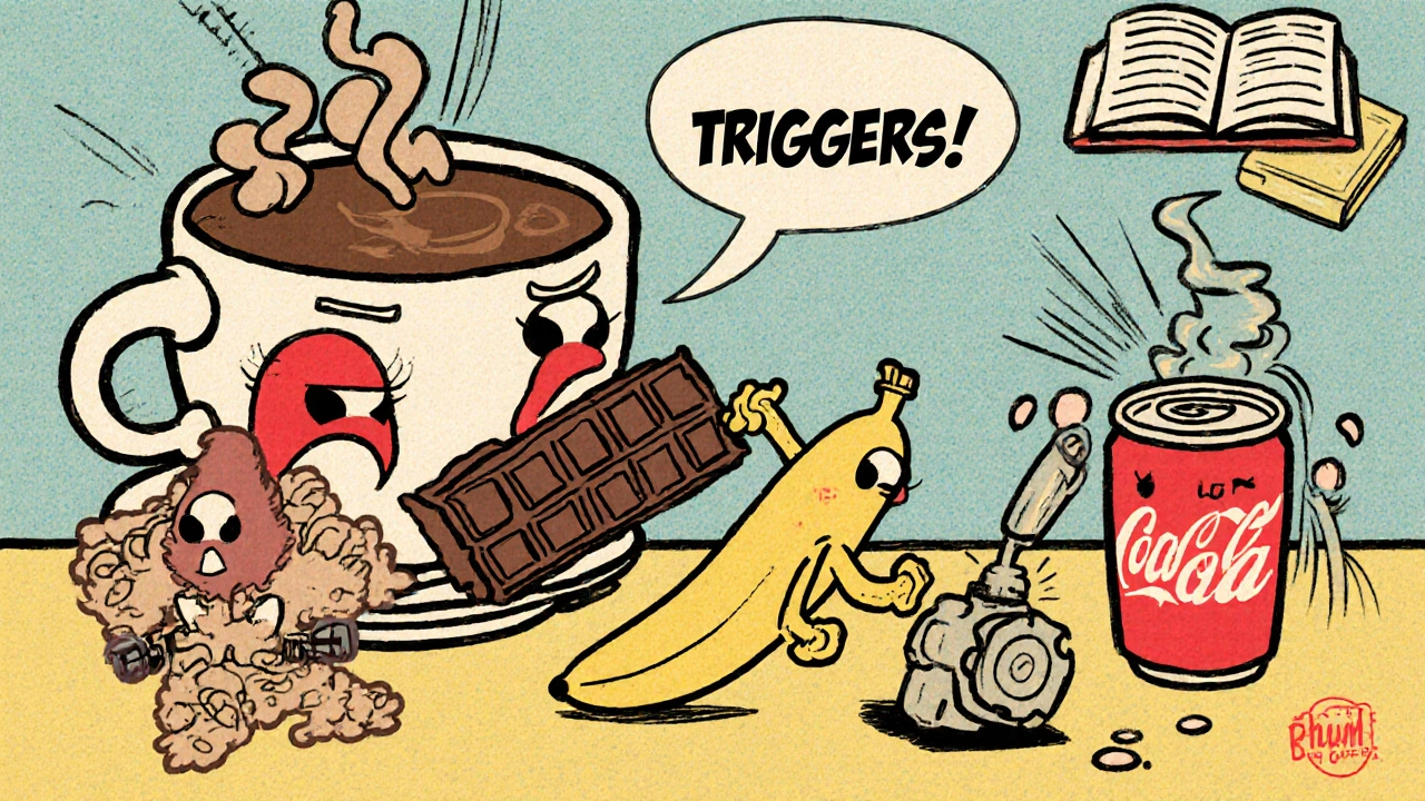 Cartoon foods fighting: coffee, chocolate, soda vs. banana and oatmeal, with LES valve closing.