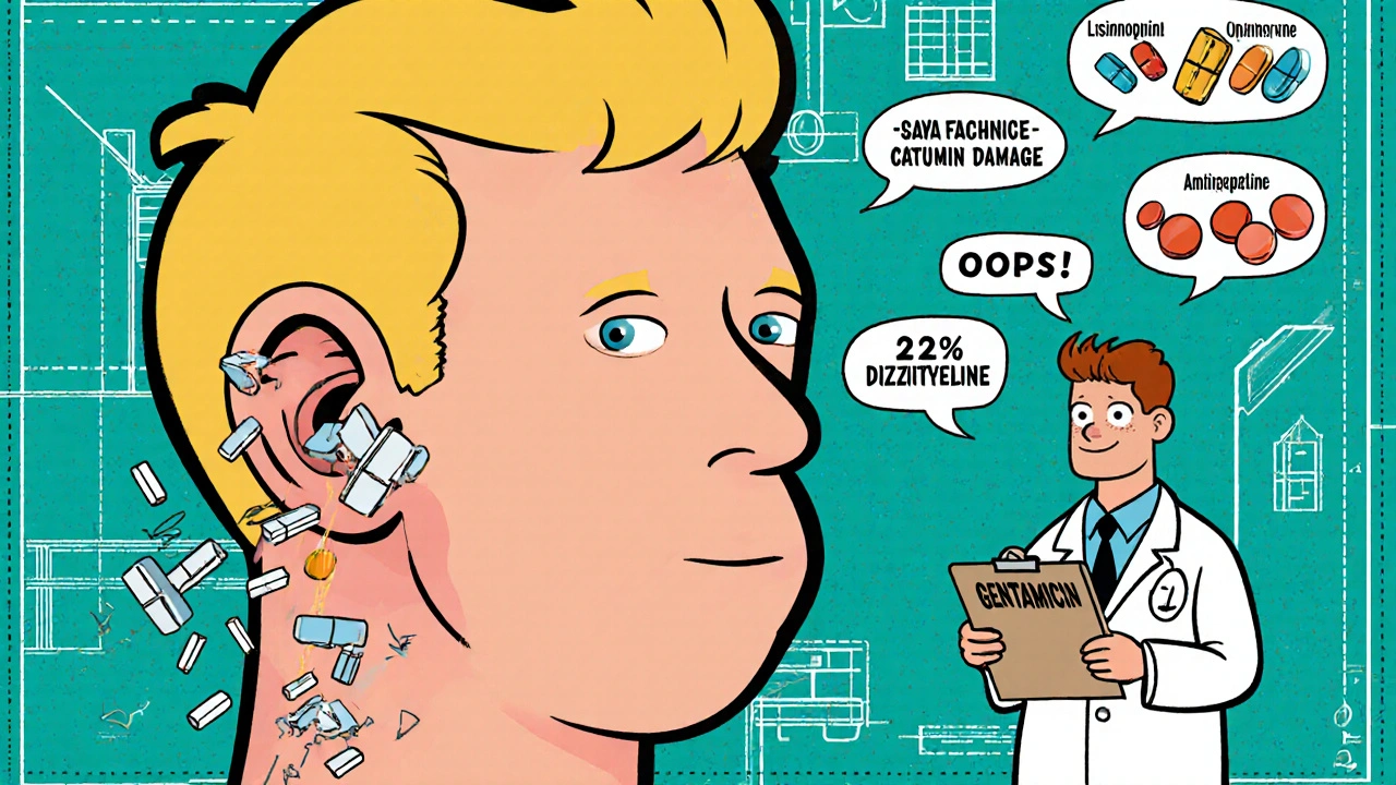 Cartoon inner ear with crumbling hairs and floating pills labeled with medication names.