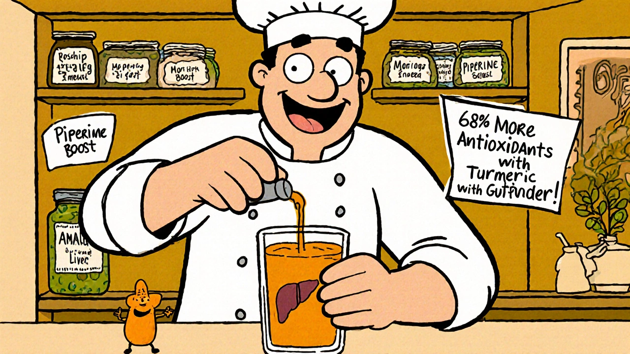 Chef mixing Amalaki into a smoothie while liver and gut bacteria dance happily inside.