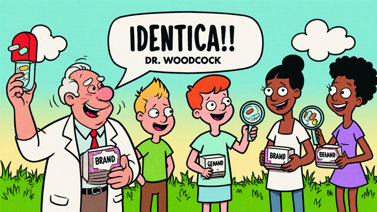 Diverse patients taking pills in a park, one pill bouncing off a man&#039;s nose, with a floating quote saying &#039;IDENTICAL!&#039;