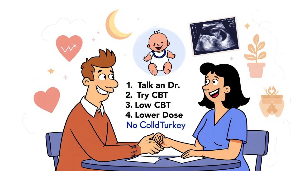 Doctor and pregnant patient reviewing a safety checklist with a baby watching from an ultrasound.