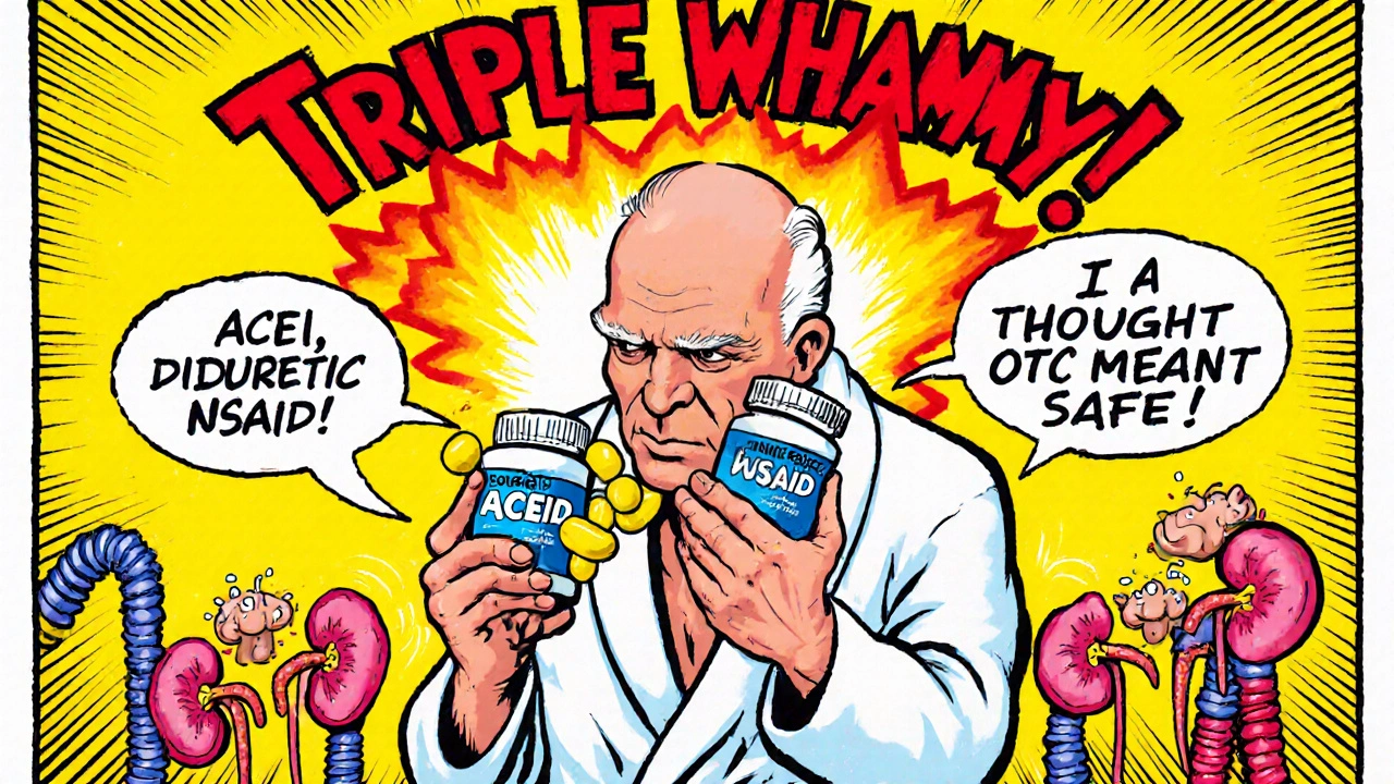Elderly man with three pills causing exploding kidney danger in Hanna-Barbera style