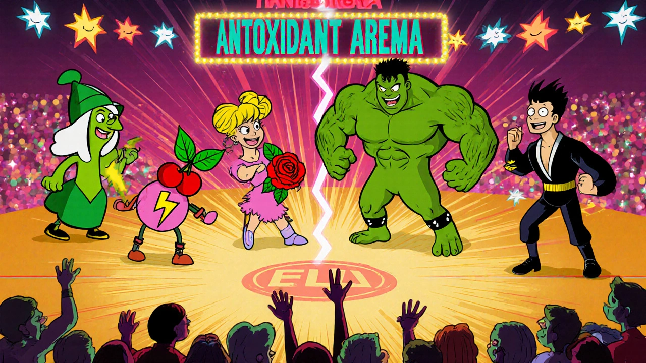 Five cartoon supplement heroes battling in an antioxidant arena with cheering cells.