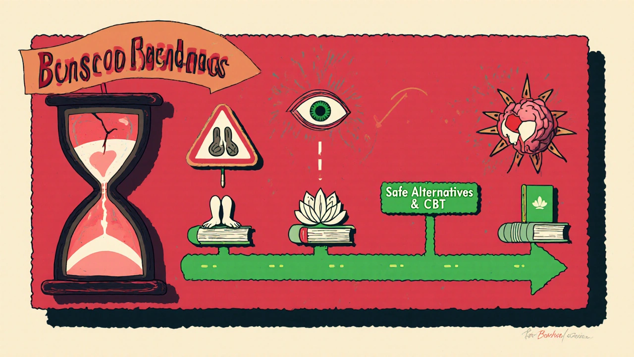 Fragile embryo in an hourglass with warning symbols triggered by benzodiazepines, beside safer alternatives.