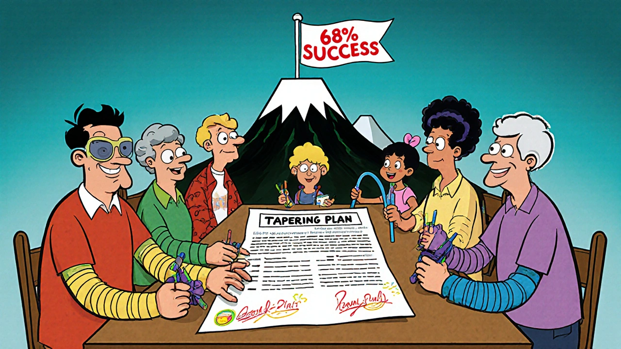 Group celebrating personalized opioid tapering success with signed plan and symbols of progress