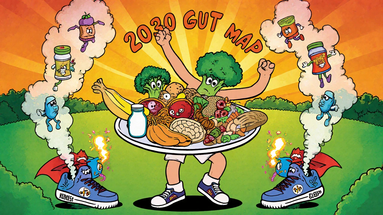 Healthy foods dancing around a person while junk food gets kicked away