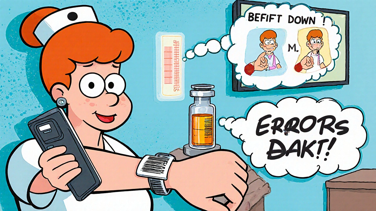 Nurse scanning a patient’s wristband with an AR app showing correct liquid dosage level.