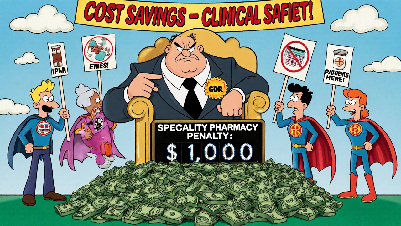 PBM executive on a money throne penalizing a pharmacy team, with signs protesting low generic utilization.