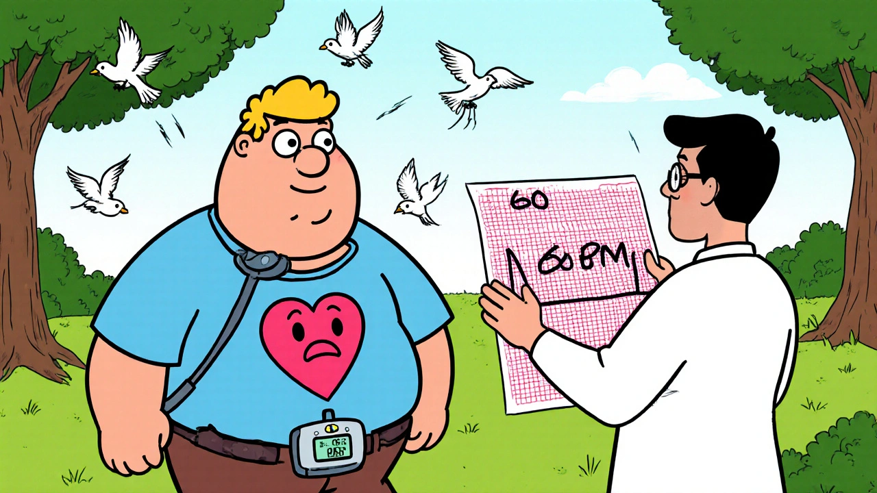 Person walking with slow-pulsing heart icon above chest, wearing a Holter monitor.