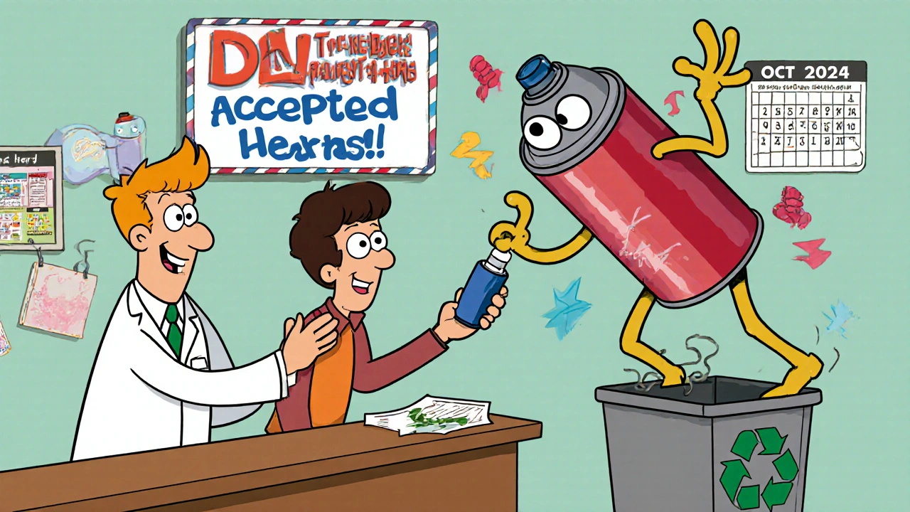 Pharmacist accepting an expired inhaler at a drop-off counter, with a comically dangerous aerosol can trying to escape.