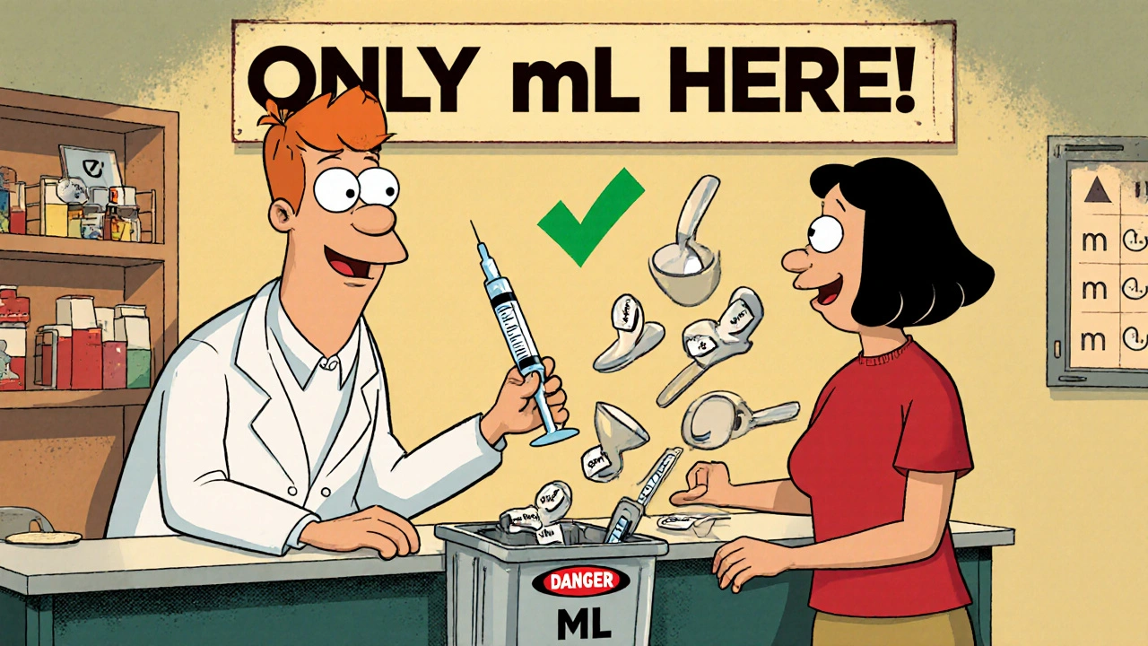 Pharmacist handing a parent an oral syringe while tossing away teaspoons in a trash bin.
