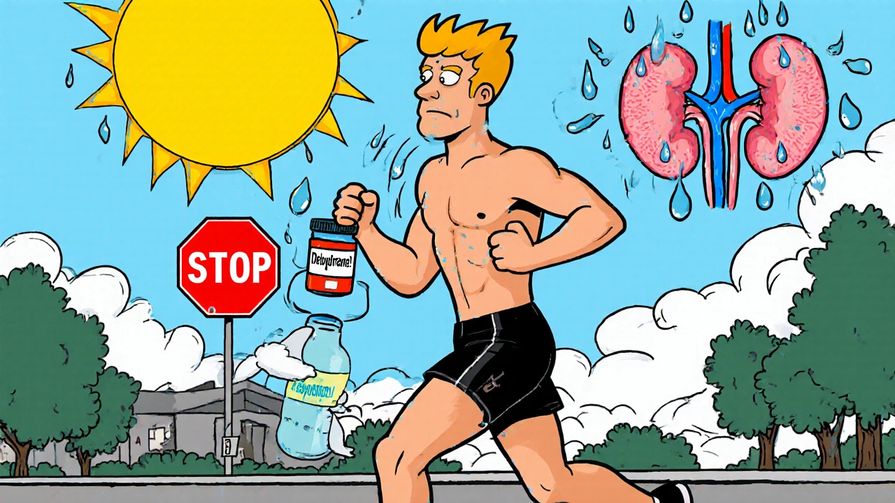Runner with ibuprofen and dehydration signs causing cartoon kidneys to be squeezed