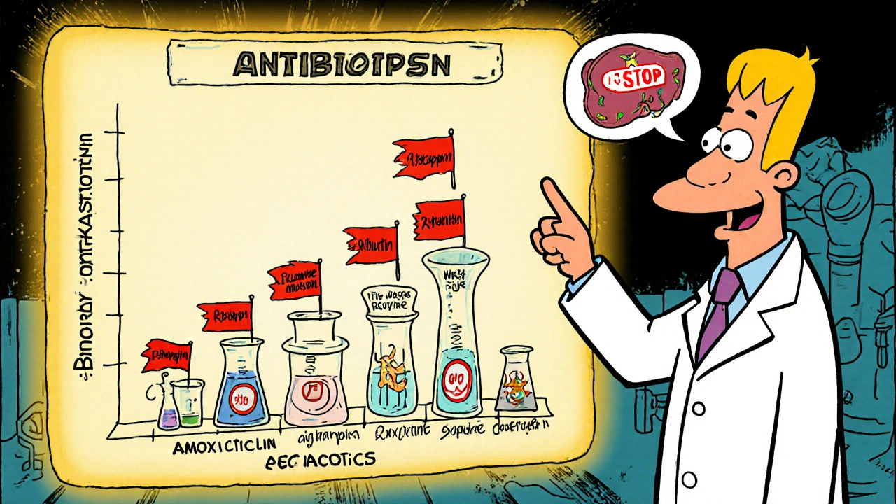 Scientist pointing at chart showing only two antibiotics interfere with birth control pills.