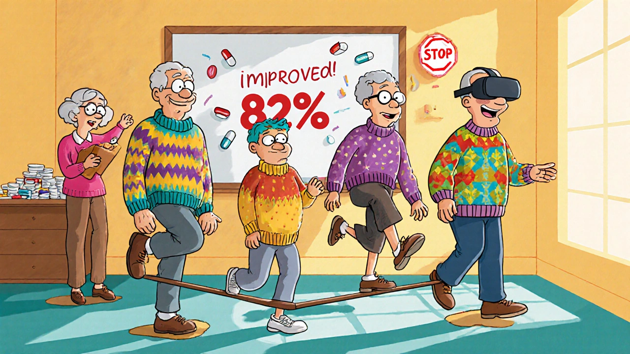 Seniors doing balance exercises with a therapist in a bright room, surrounded by medical doodles.