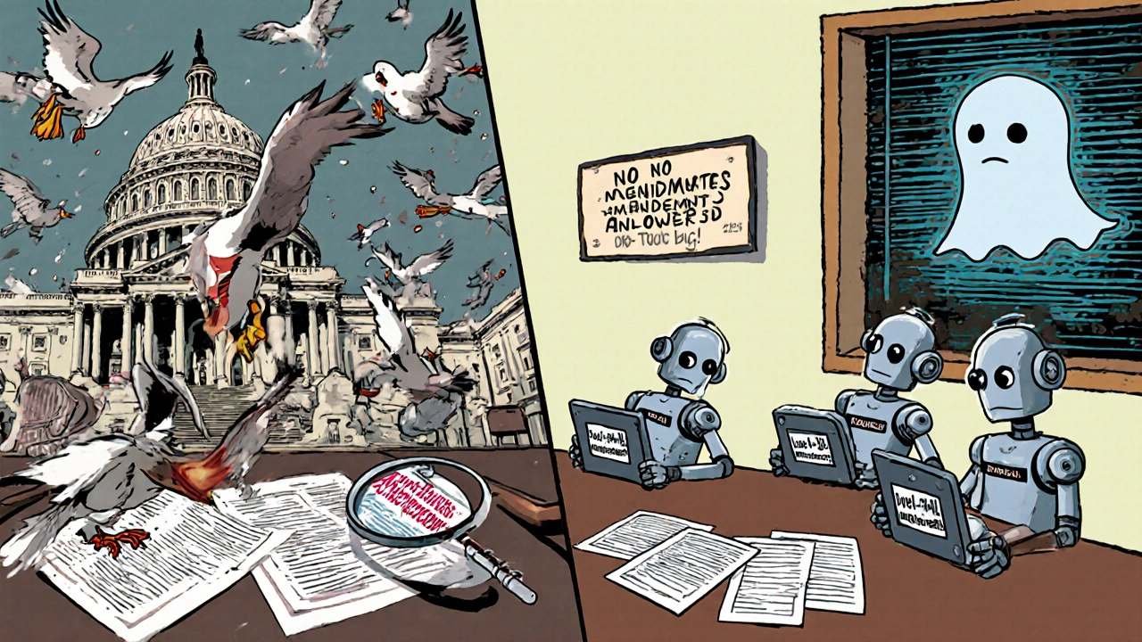 Split cartoon scene: chaotic 2024 Senate vs. orderly 2025 House with robots reviewing amendments.