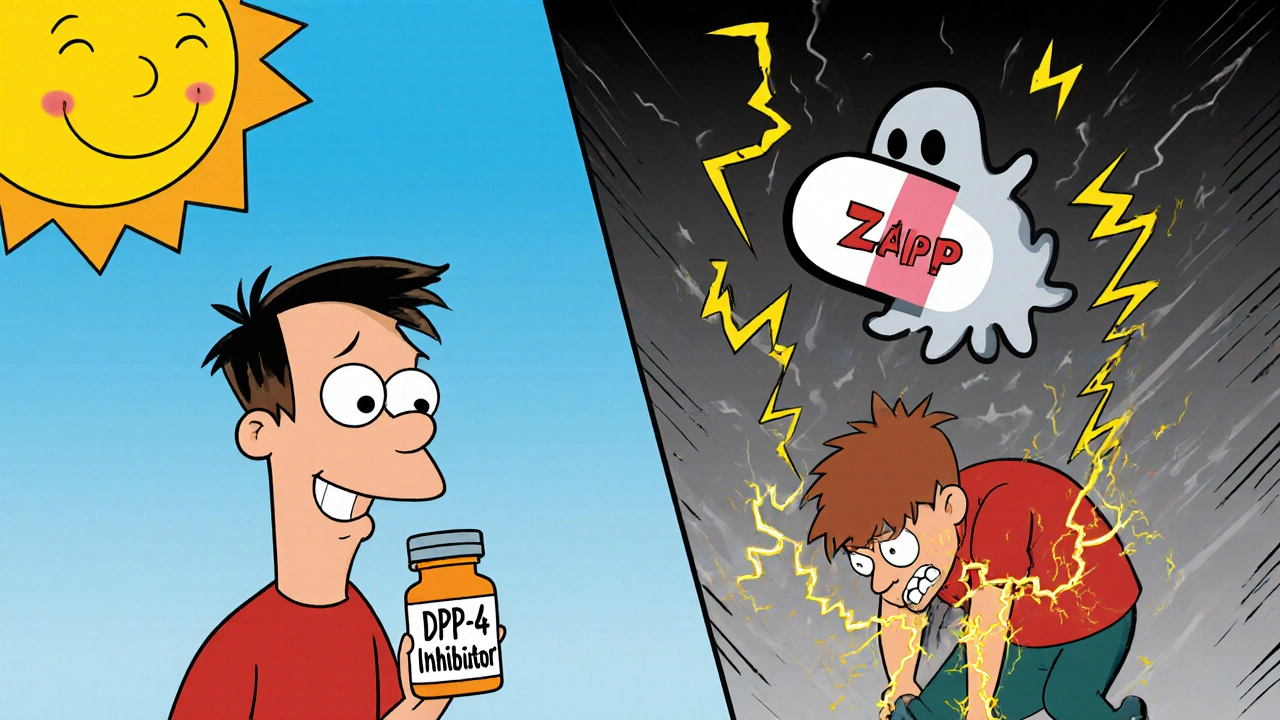 Split scene: happy person taking pill vs same person in agony with sparking joints and a &#039;STOP&#039; ghost pill.