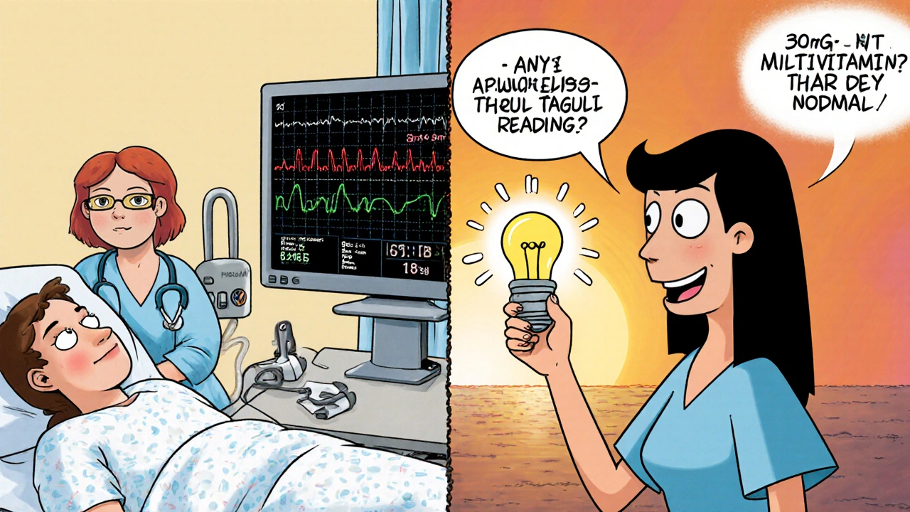 Split scene: one side shows a heart attack missed due to false lab results, the other shows correct diagnosis after asking about supplements.
