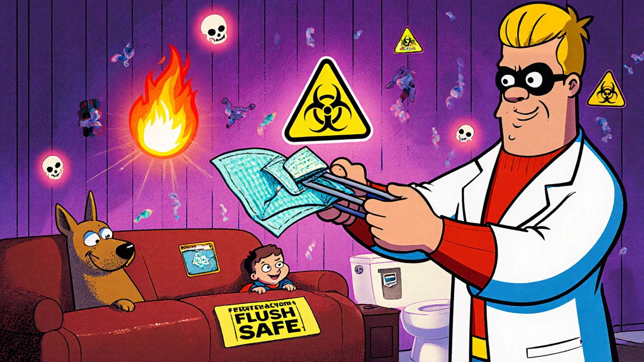Superhero folding a medicated patch safely as a child and dog watch, with warning symbols and a flushed patch nearby.
