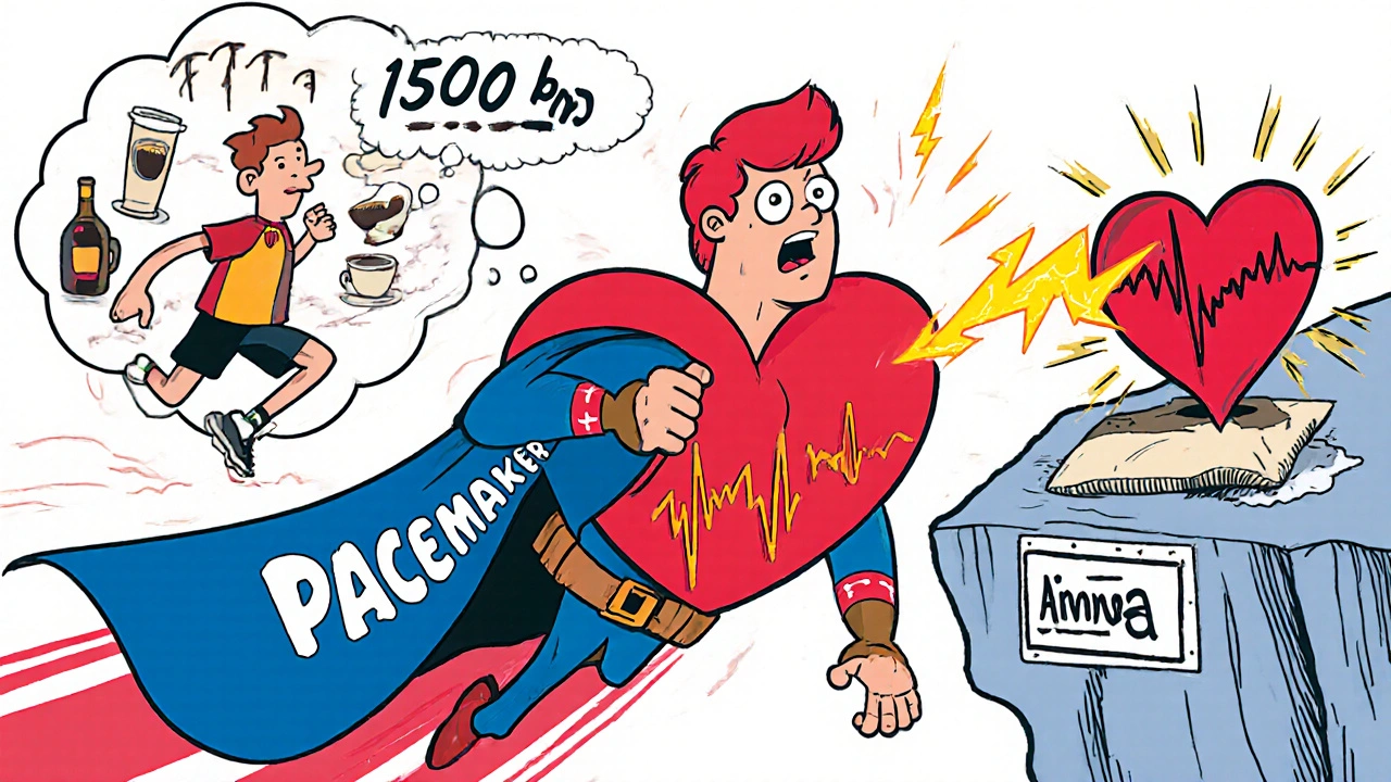 Superhero pacemaker saving a racing heart from falling off a cliff.