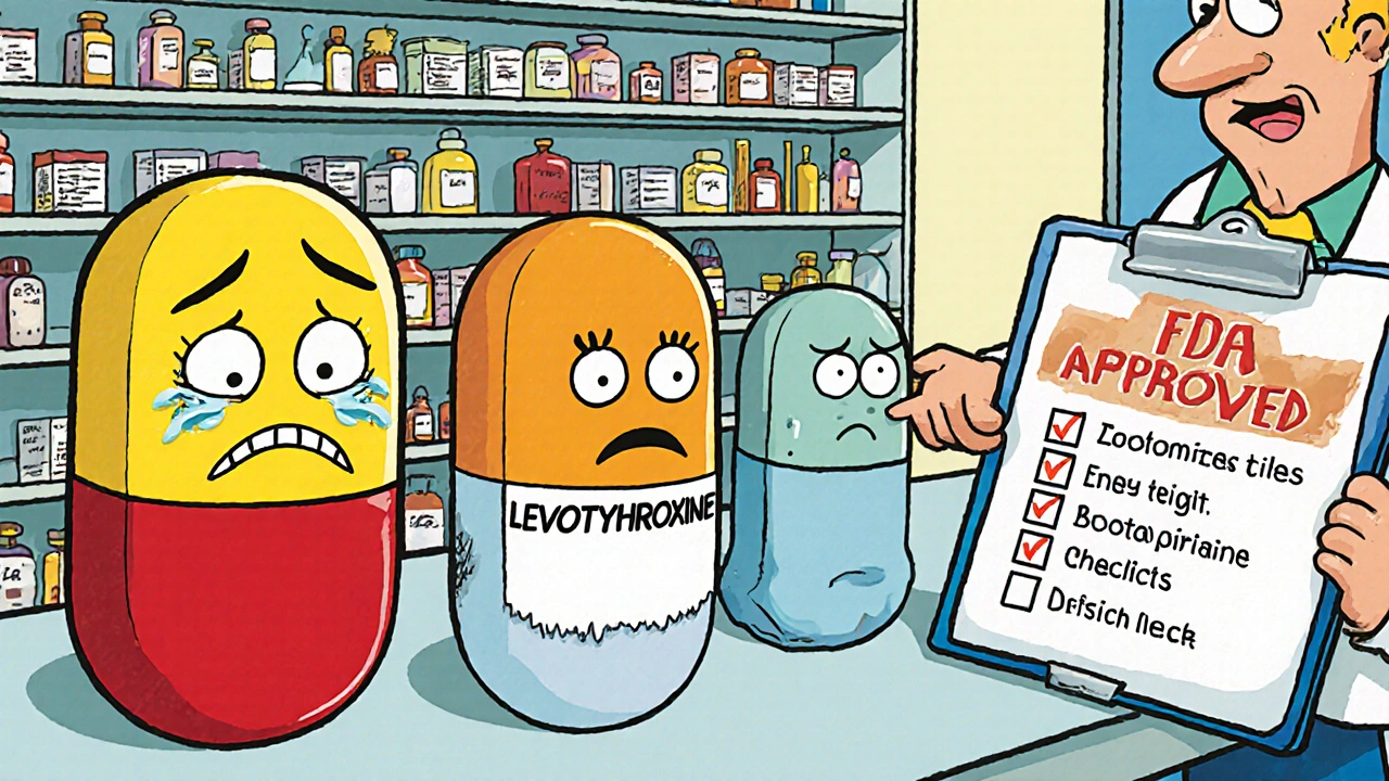 Three colorful generic pills with faces at a pharmacy counter, each with different labels and reactions.