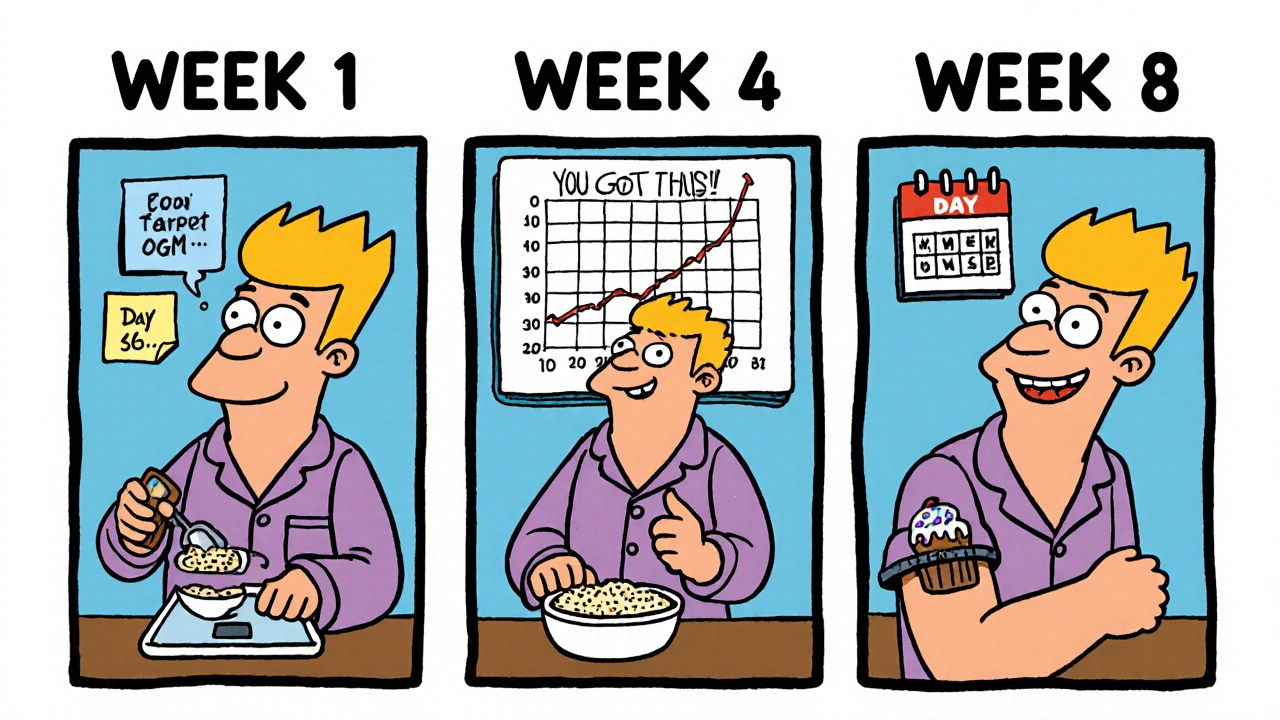 Three-panel cartoon showing progress in carb counting from overwhelmed to confident over eight weeks.