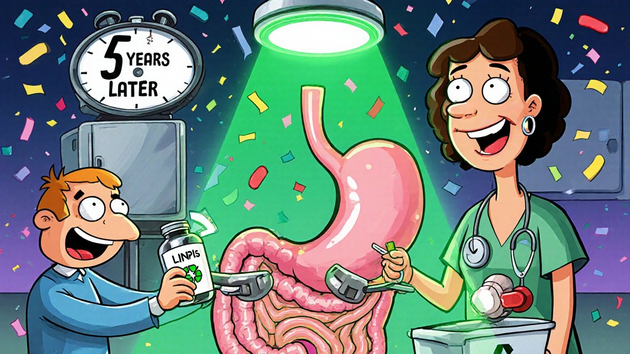 Tiny surgeon placing LINX device on esophagus, patient tossing away PPI pills, success light glowing.