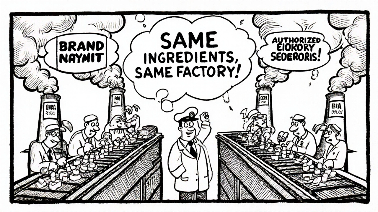 Two identical pill conveyor belts in a factory, both producing the same pills with the same workers and machines.