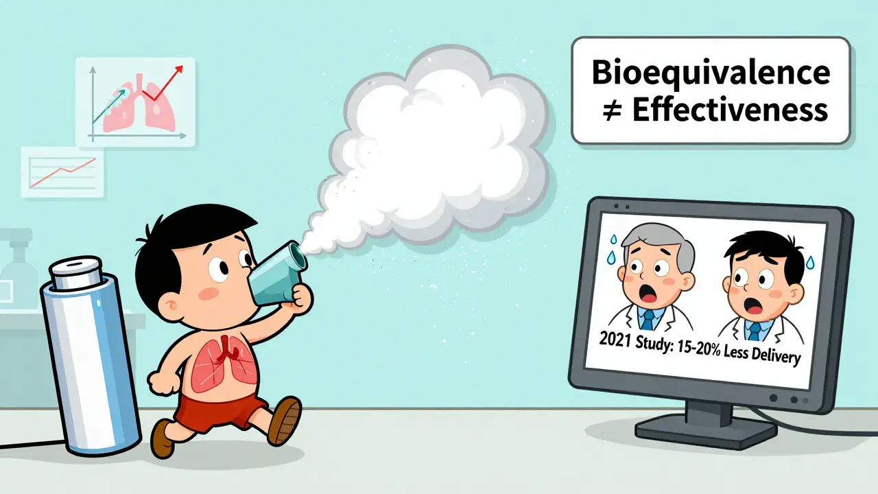 A cartoon inhaler comparison showing weak generic puff vs strong brand puff reaching lungs, in Hanna-Barbera style.