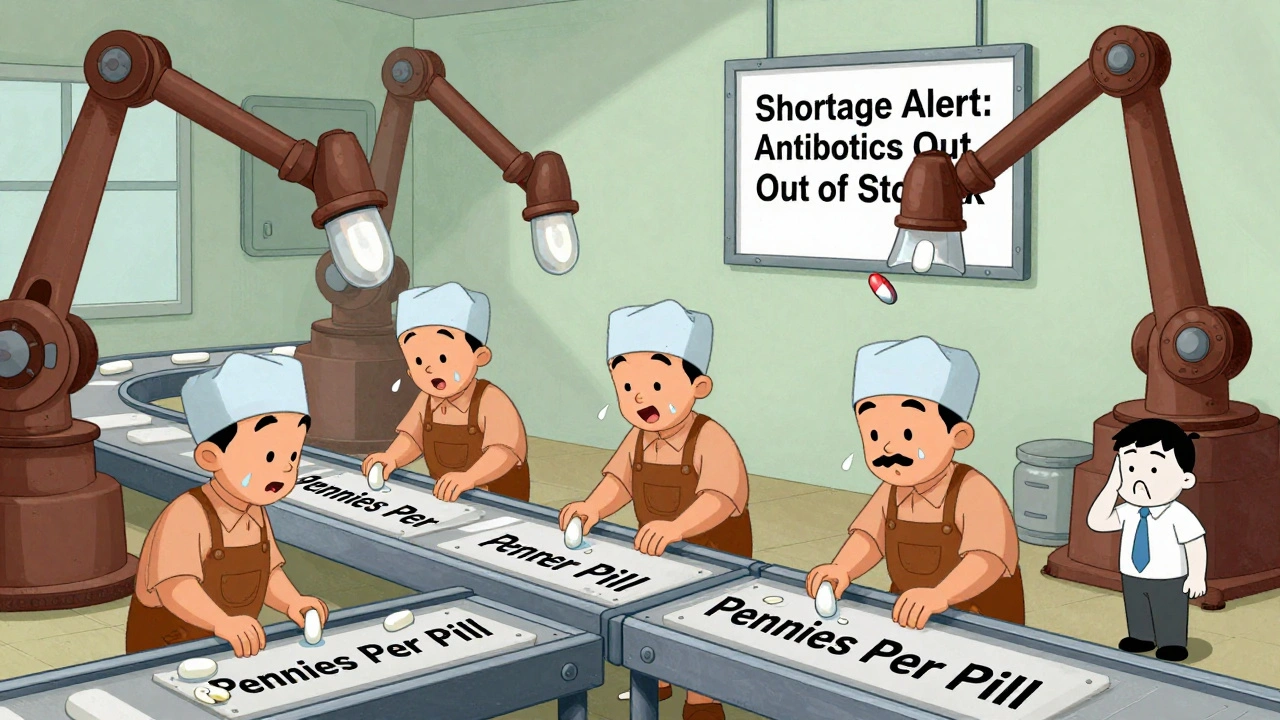 A factory churns out cheap generic pills, but a shortage sign shows antibiotics are out of stock.