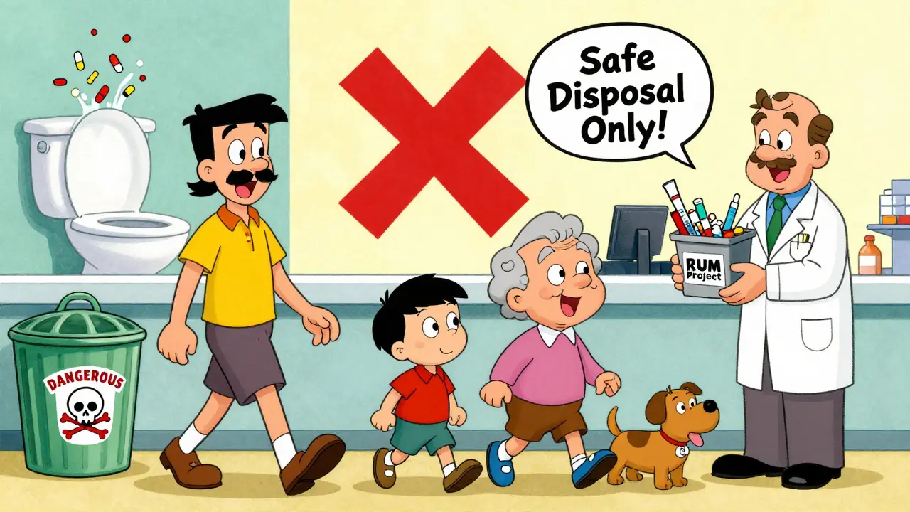 A family dropping expired meds at a pharmacy counter with a 'RUM Project' bin, while a toilet has pills flushing away.