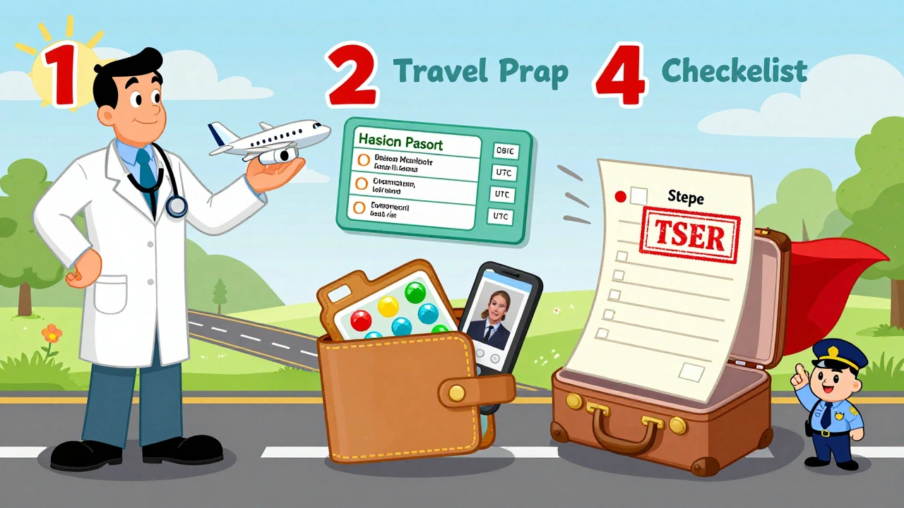 A four-step cartoon checklist for travel medication prep, with colorful icons and a doctor’s note flying like a cape, in Hanna-Barbera style.