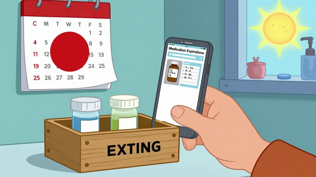 A hand organizing medicine by expiration date on a shelf, with a phone showing a digital log.