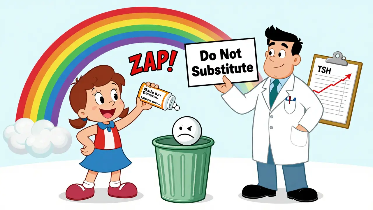 A patient taking an authorized generic pill while a bad generic pill is thrown away, in Hanna-Barbera style.
