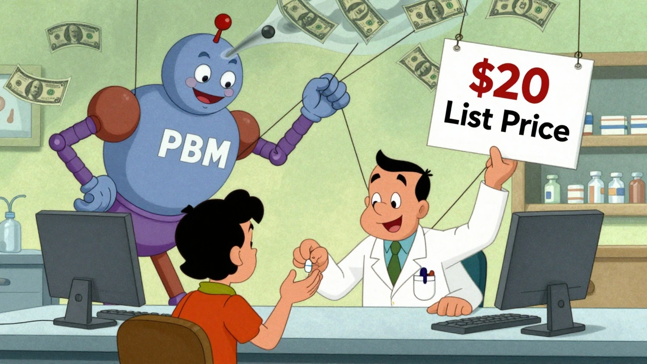 A pharmacist gives a  generic pill to a patient while a puppeteer PBM controls reimbursement prices from above.