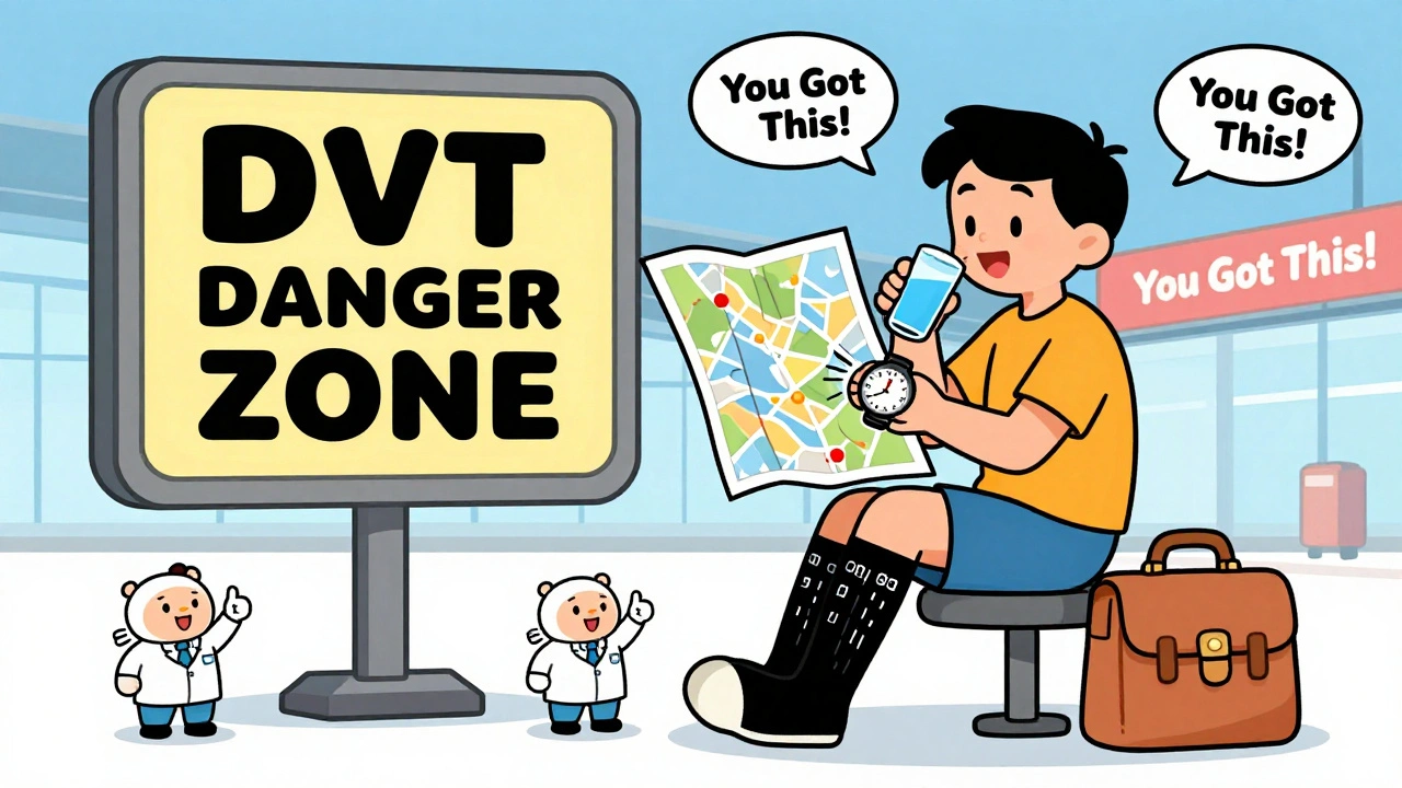 A traveler at an airport wearing compression socks and drinking water, with time zones spinning and doctors giving thumbs-up.