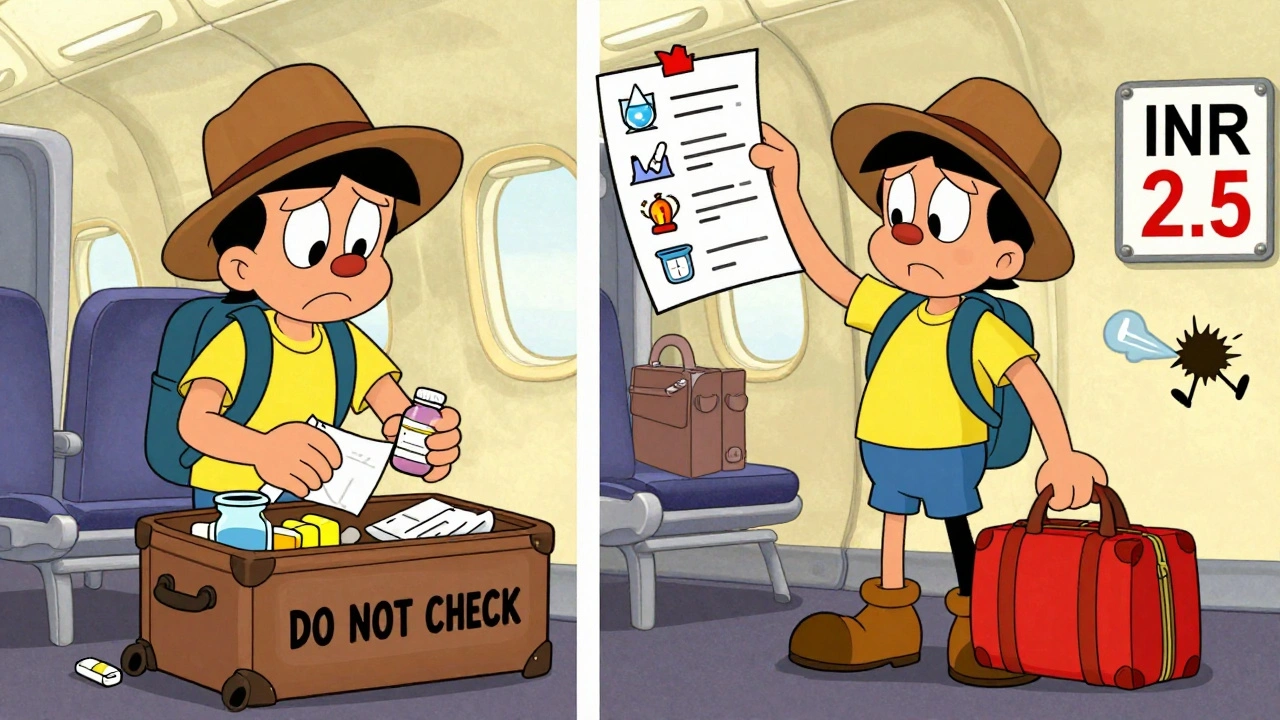 A traveler packing medication and boarding a plane with a floating checklist showing water, stretch, and alarm icons.