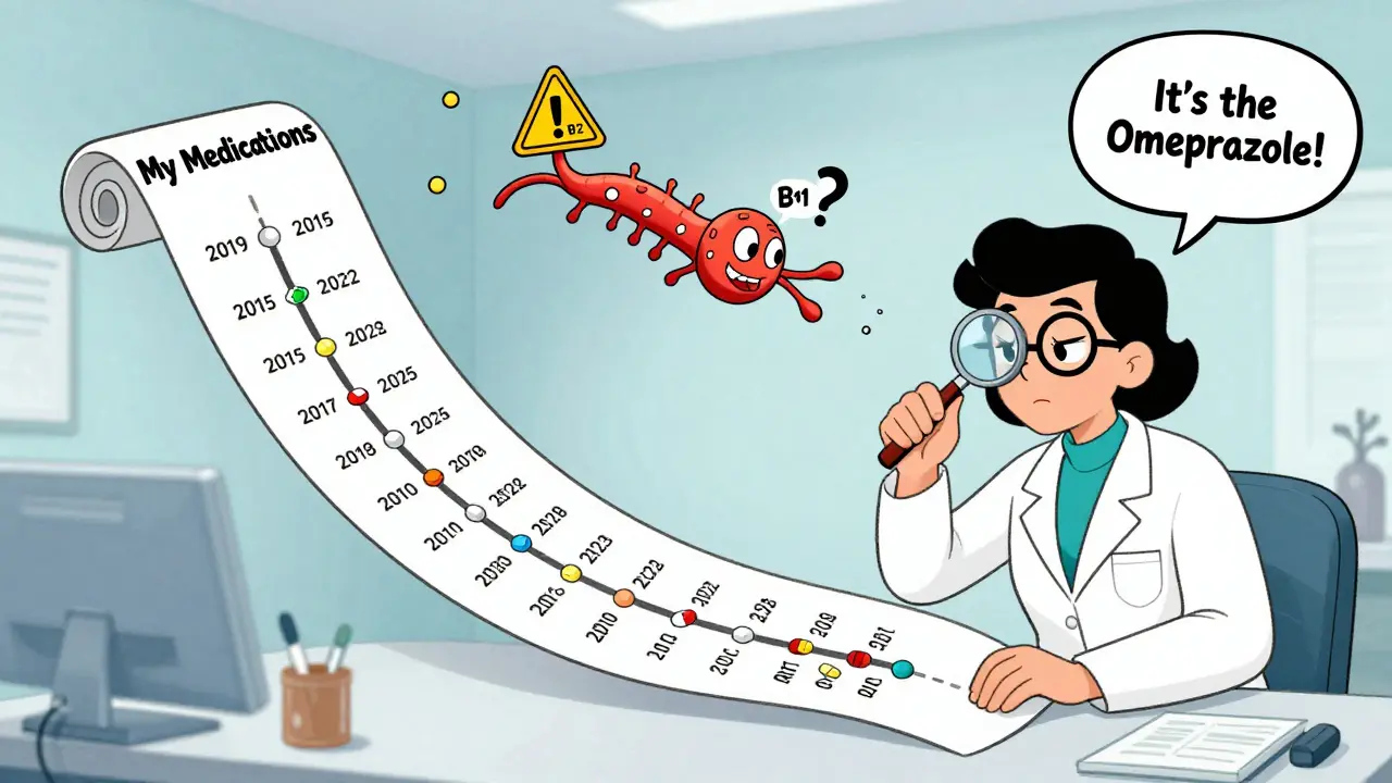 A woman shows a long medication timeline to a doctor, with a snapping nerve and vitamin B12 warning.