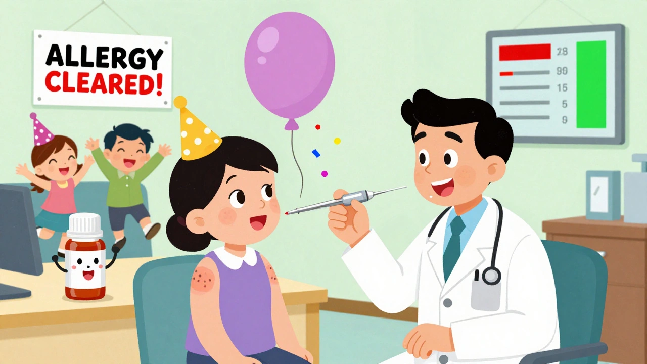 Allergist performs skin test as confetti reads &#039;ALLERGY CLEARED!&#039; and a dancing penicillin bottle celebrates.