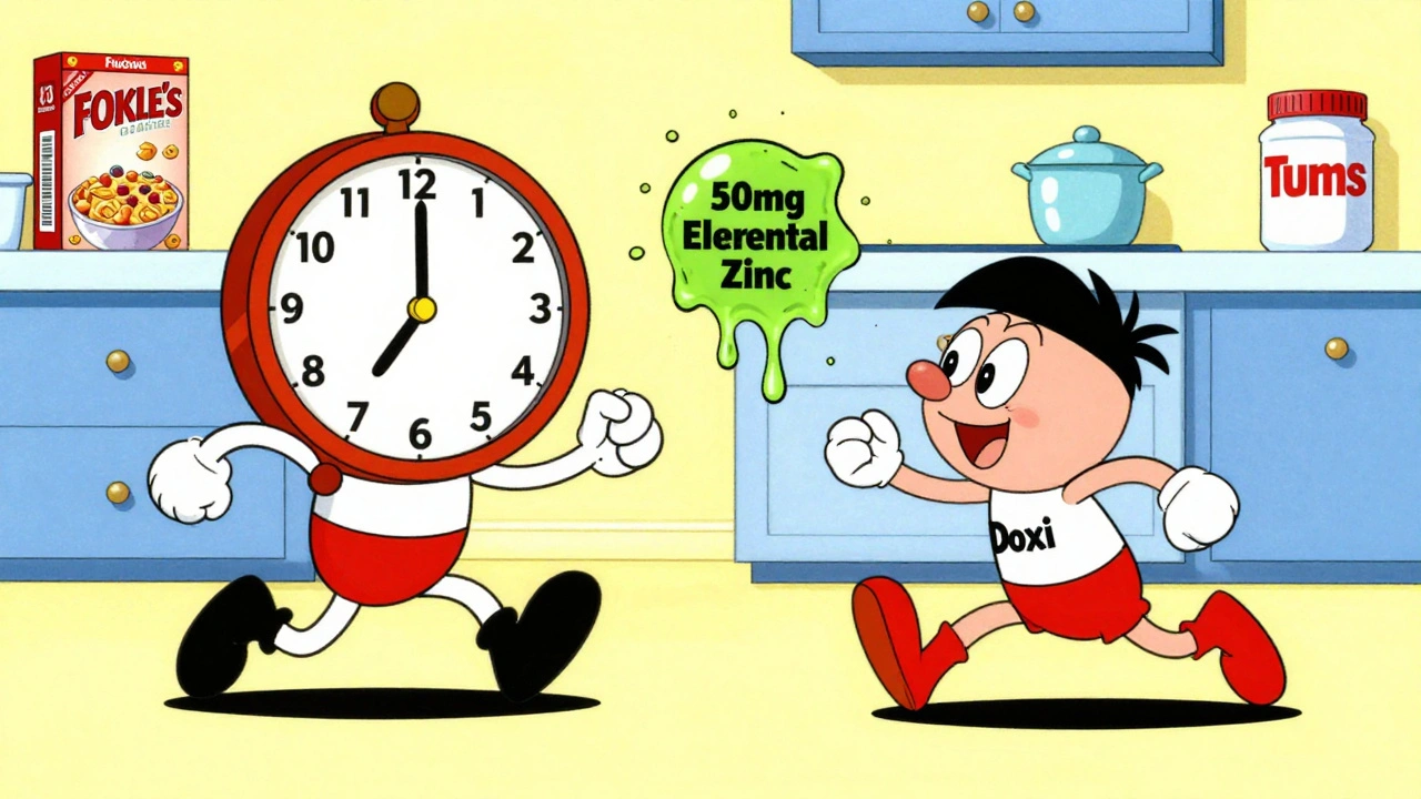 Antibiotic superhero flying away from a sticky zinc blob from a multivitamin machine