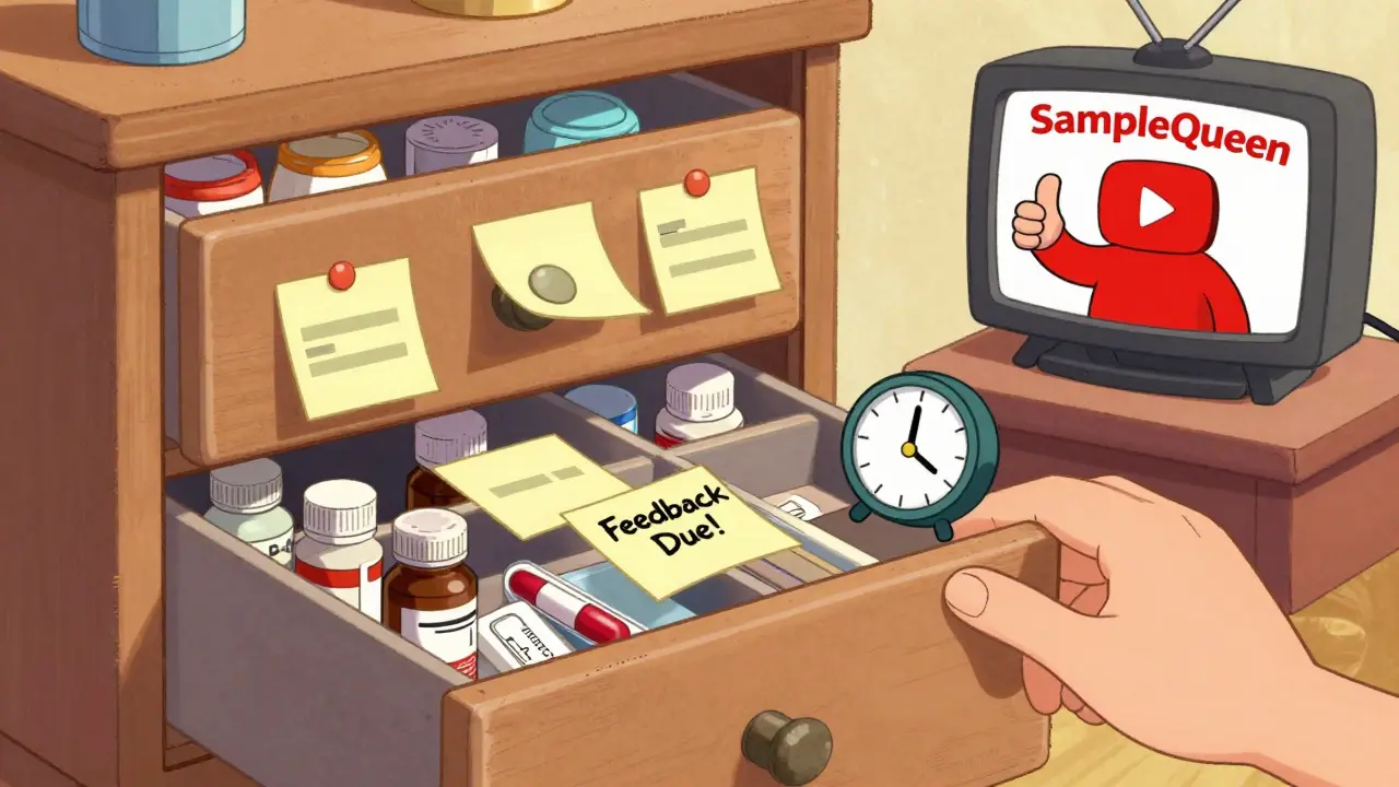 Cluttered medicine drawer turned into organized tracker system with floating labels and clock alarm.