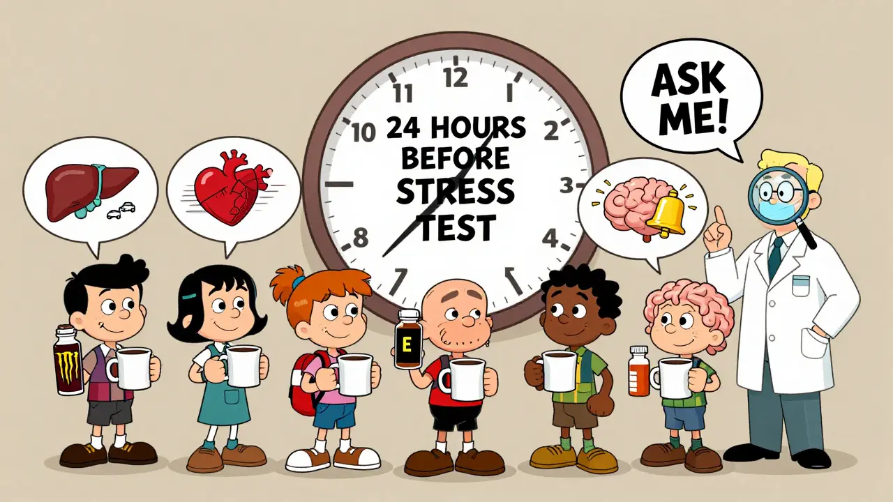 Diverse people with coffee and pills, thought bubbles showing body systems and a pharmacist offering help.