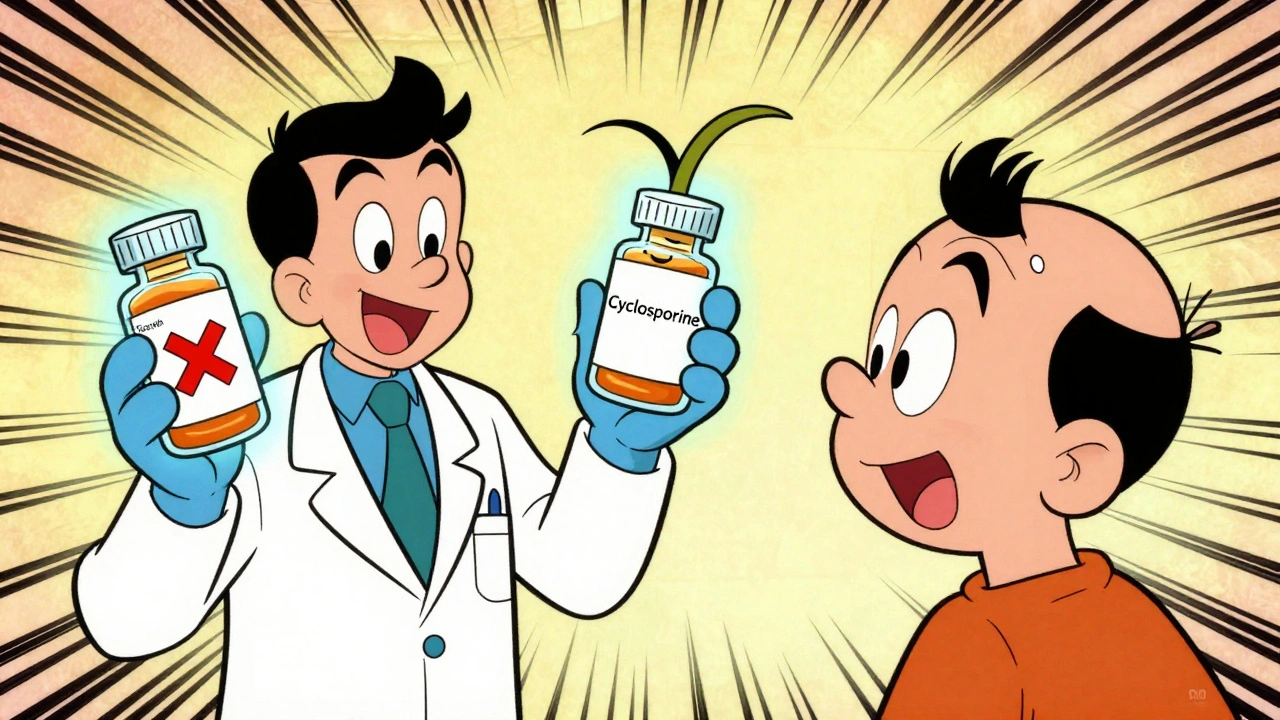 Doctor holding two pills—one causing hair loss, one promoting growth