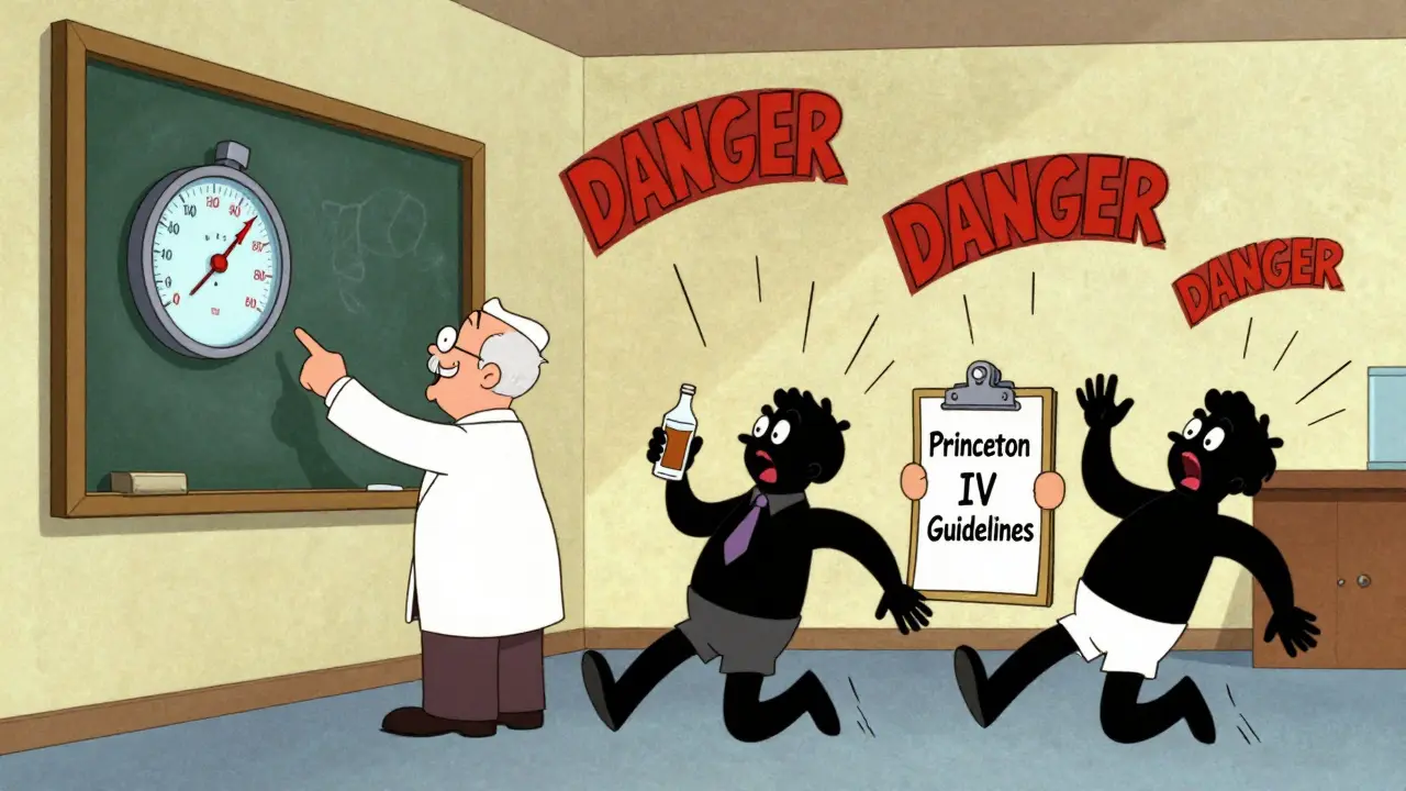 Doctor pointing at falling blood pressure gauge, three patients fainting with danger signs.