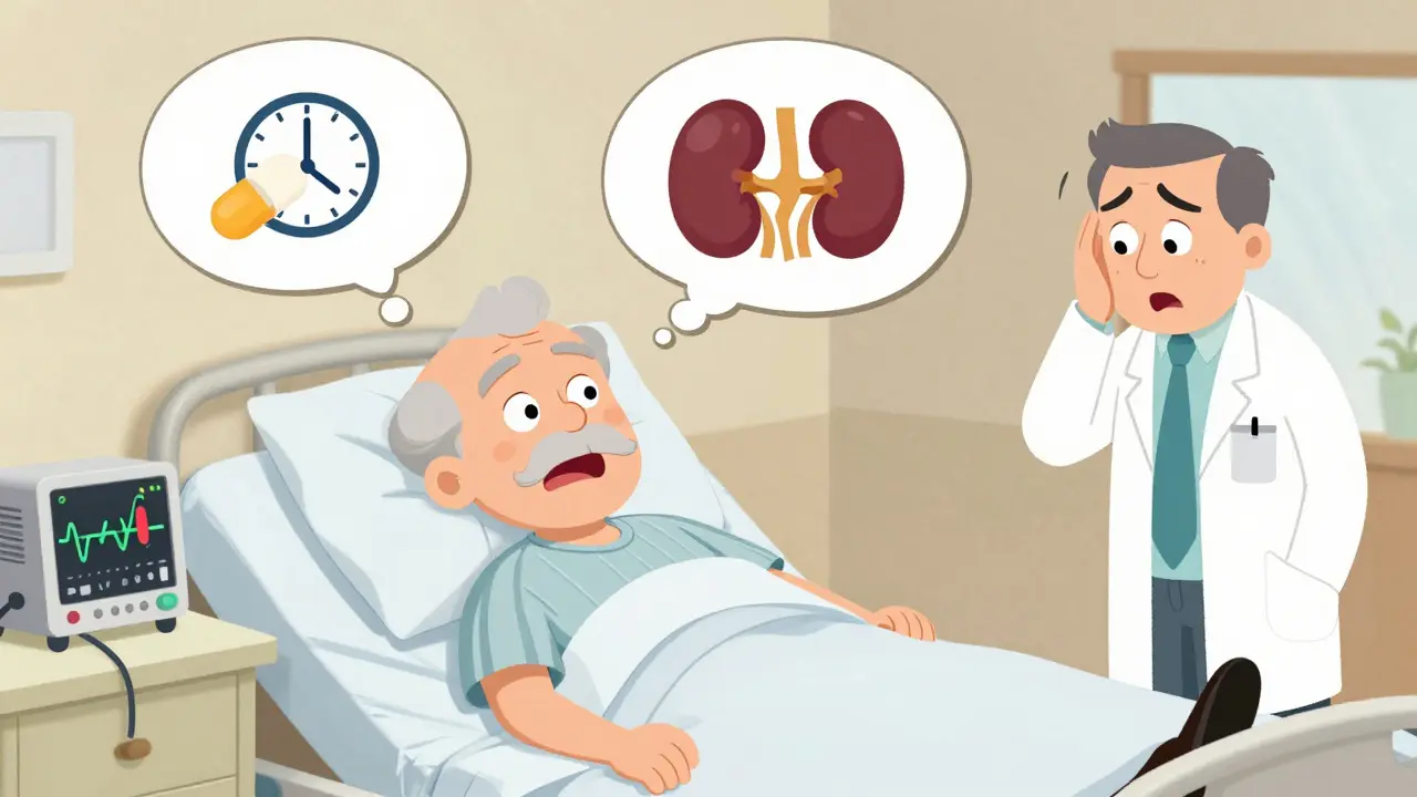 Elderly man in hospital with floating cartoon symbols showing NSAID side effects